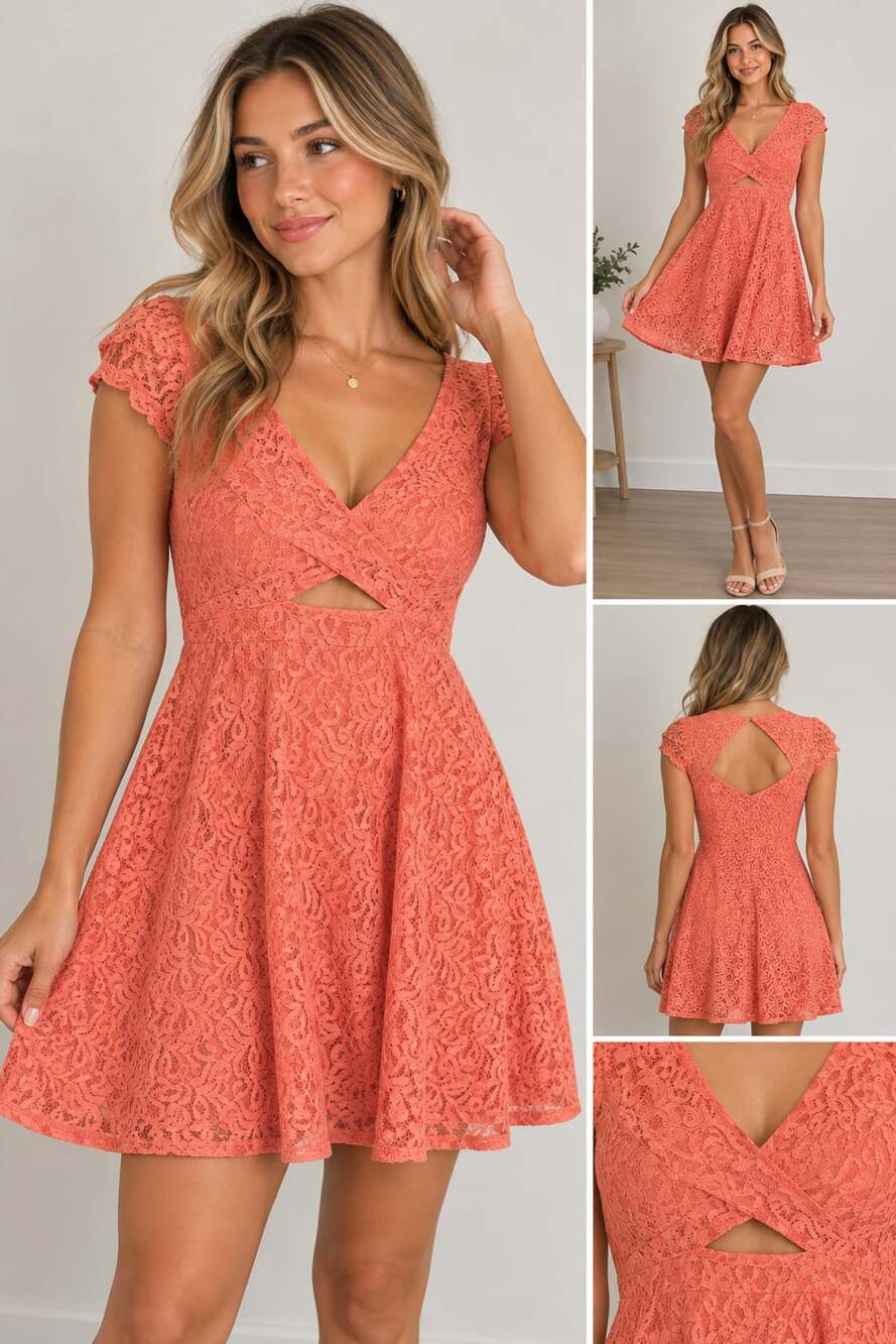 Jessica Simpson Coral Lace Cap Sleeve Fit & Flare Dress with Cut-out Detail smal